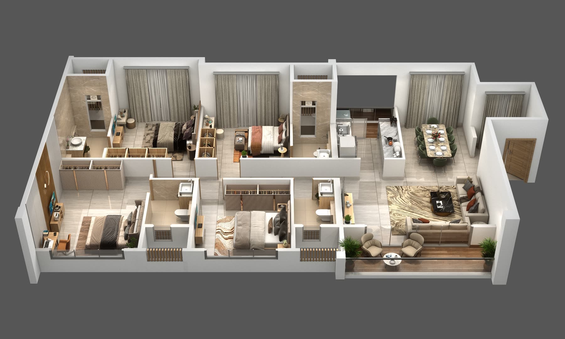 Isometric floor plan of the 1,415 sq ft four-bedroom residence in Tower J2