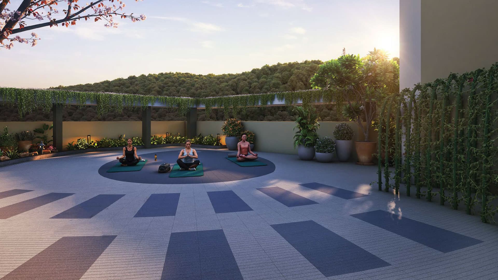 Sky meditation deck with open yoga space at sunrise