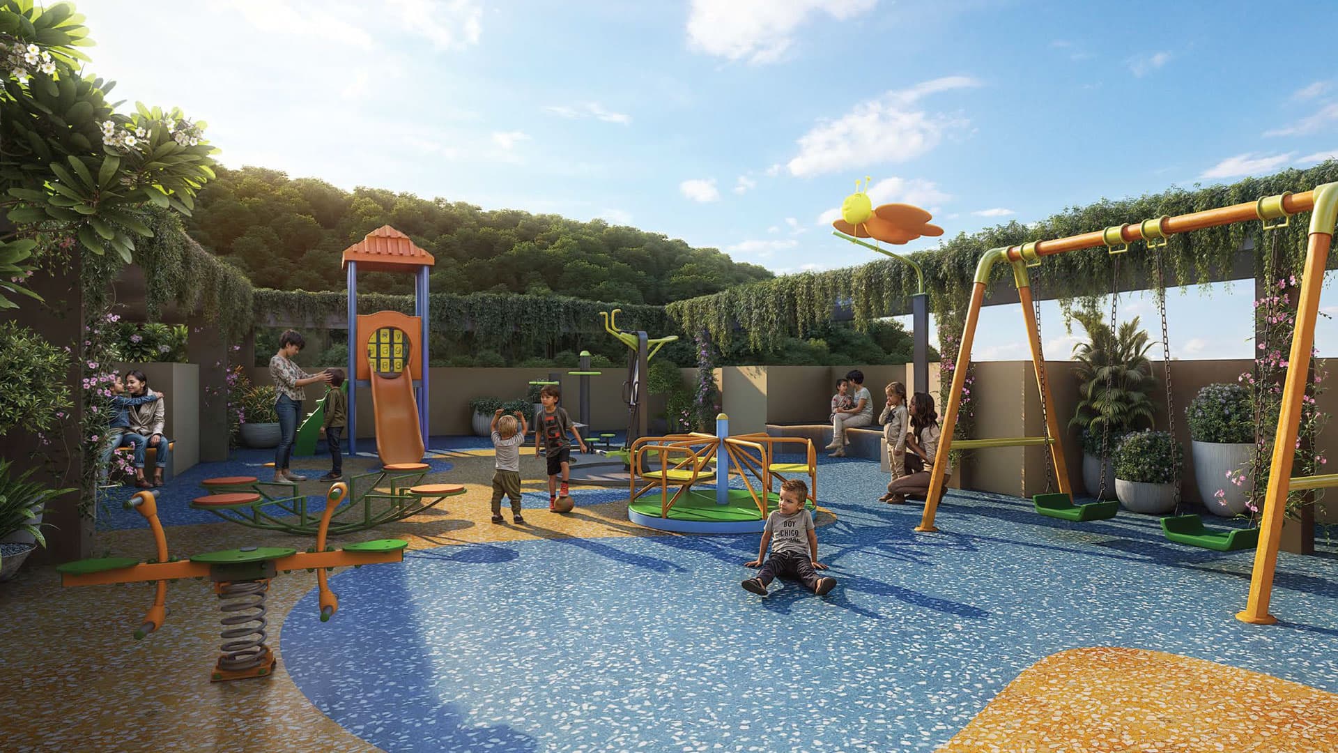 Children's play zone with swings and soft play flooring