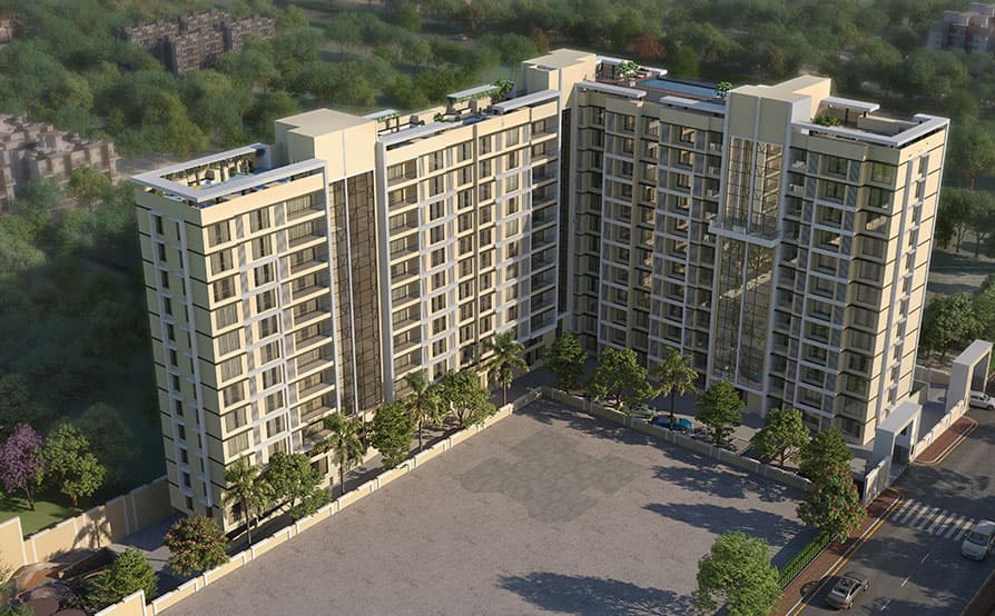 The L-shaped massing of The Luxe Towers