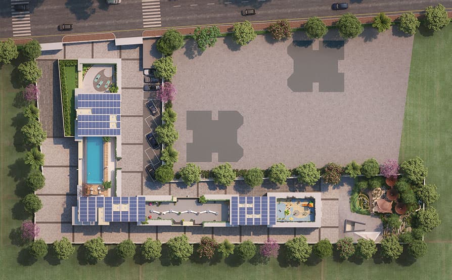 Top view of the terrace amenity layout at The Luxe Towers