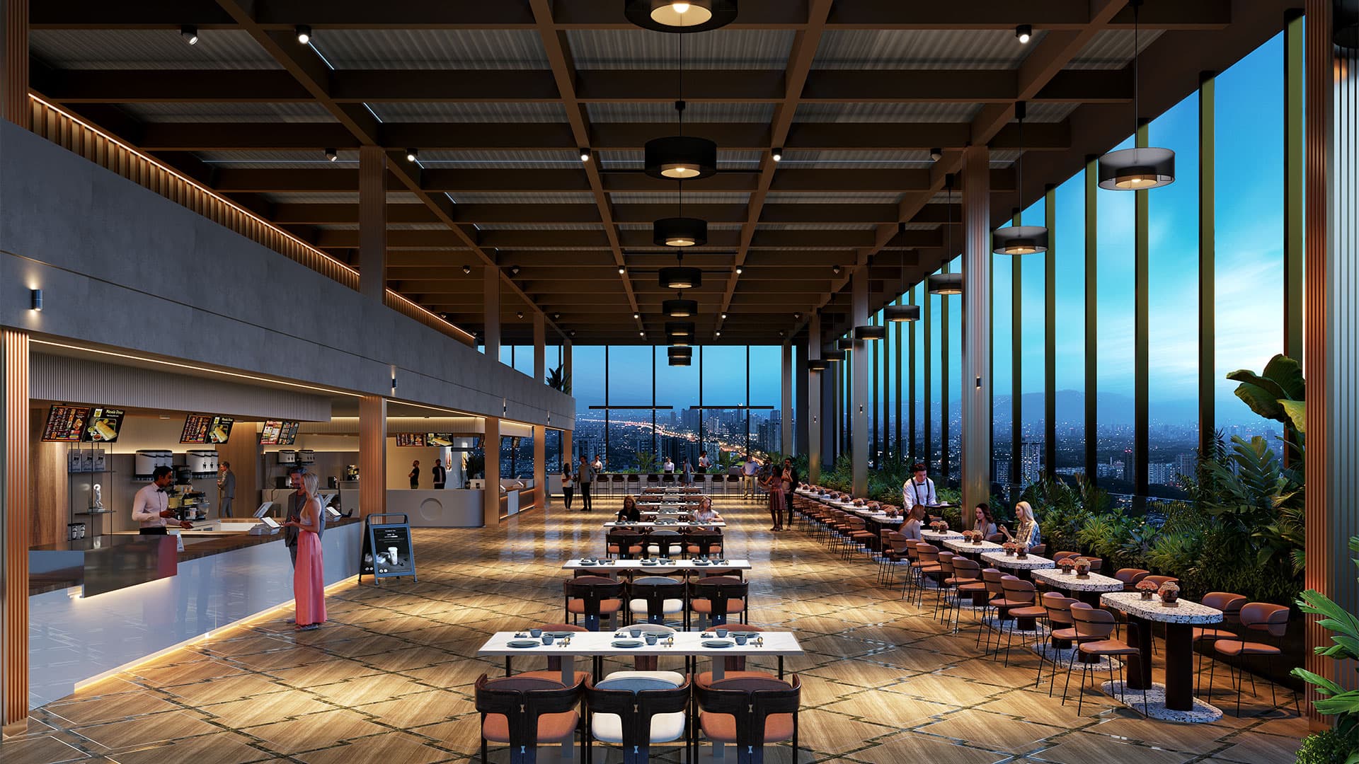 Sky lounge and dining space with panoramic city views