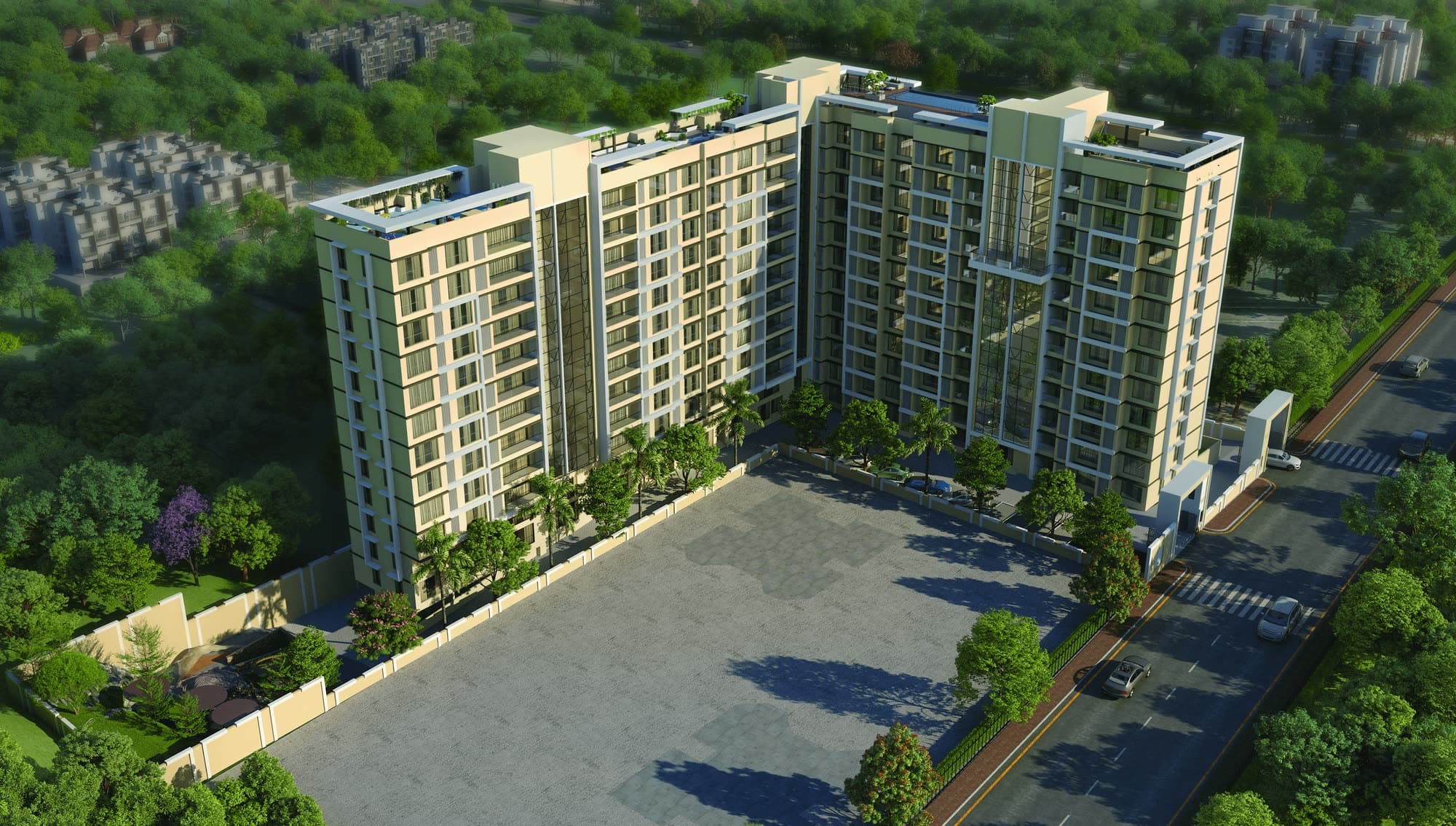 The Luxe Towers and its surrounding neighbourhood from above