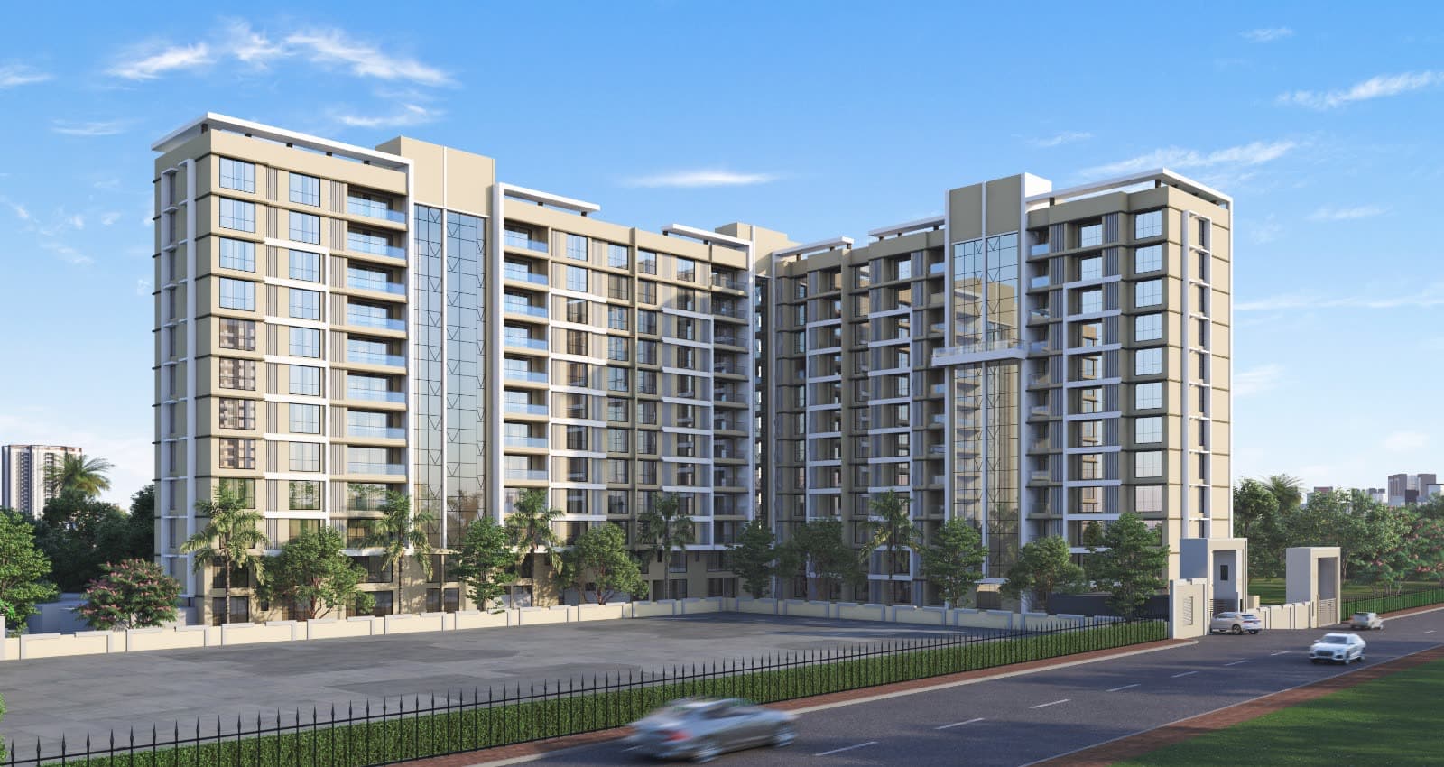 Street-level view of The Luxe Towers